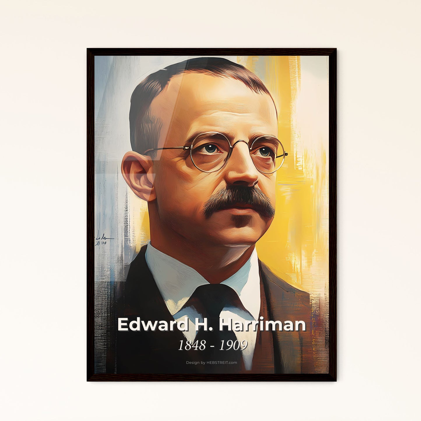 Portrait of Edward H. Harriman, 1848 - 1909. Impressionistic painting of a man with a mustache wearing glasses.