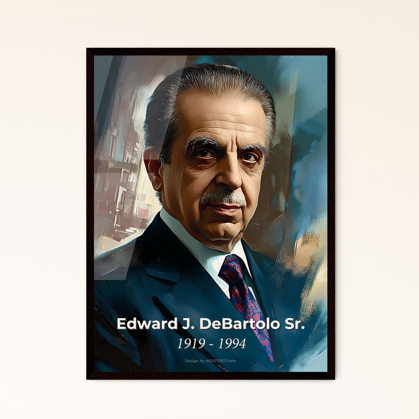 Portrait of Edward J. DeBartolo Sr., 1919 - 1994. Impressionistic painting of a man in a suit.