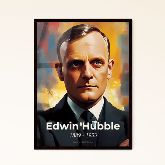 Portrait of Edwin Hubble, 1889 - 1953. Impressionistic painting of a man in a suit.