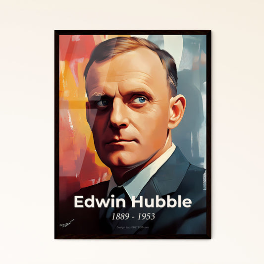 Portrait of Edwin Hubble, 1889 - 1953. Impressionistic painting of a man in a suit.