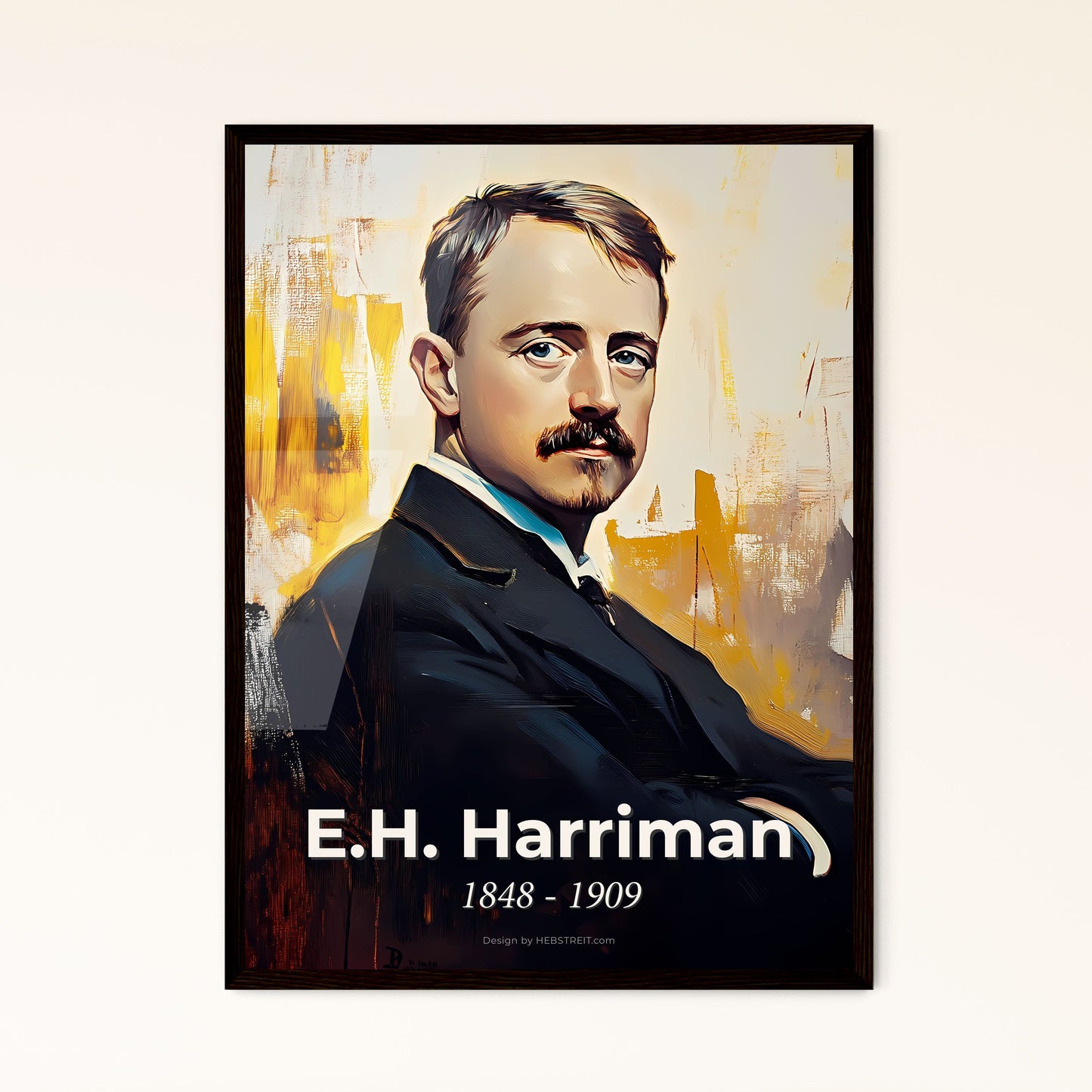 Portrait of E.H. Harriman, 1848 - 1909. Impressionistic painting of a man with mustache and a mustache sitting in a chair.