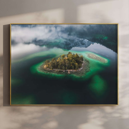 Eibsee Aerial Island Print – Bavarian Alps Landscape Photography Wall Art
