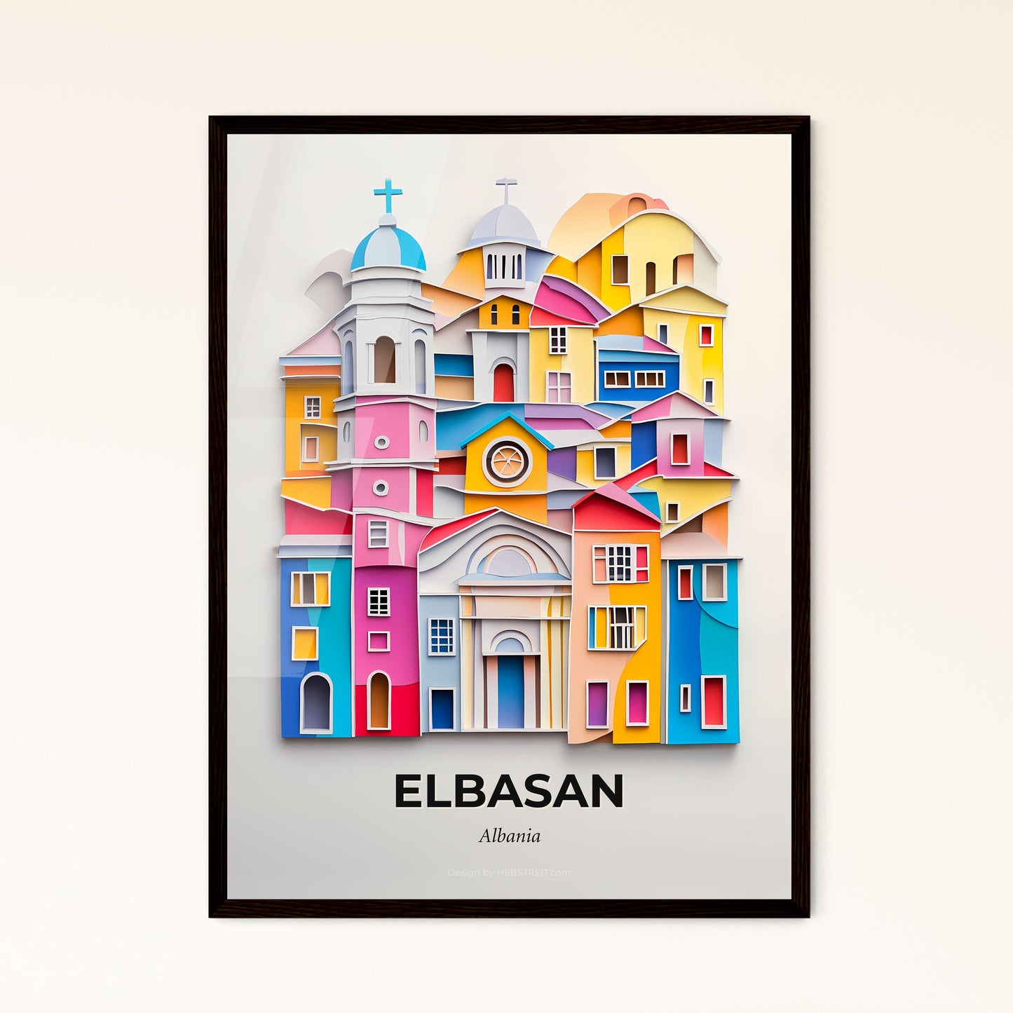 Vivid Elbasan, Albania - a large multicolored building with a clock on top