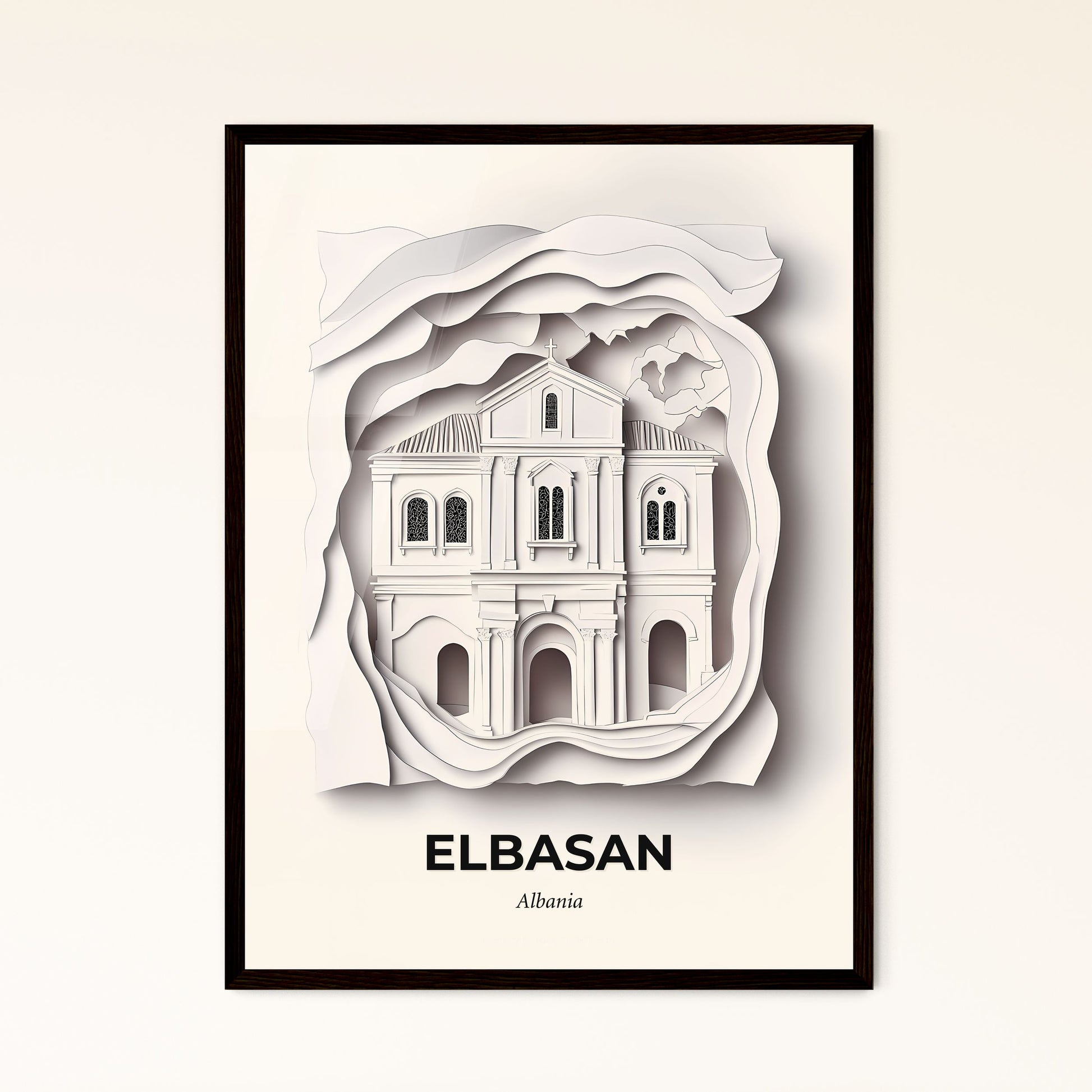 Vivid Elbasan, Albania - a paper cut of a building with a clock on top