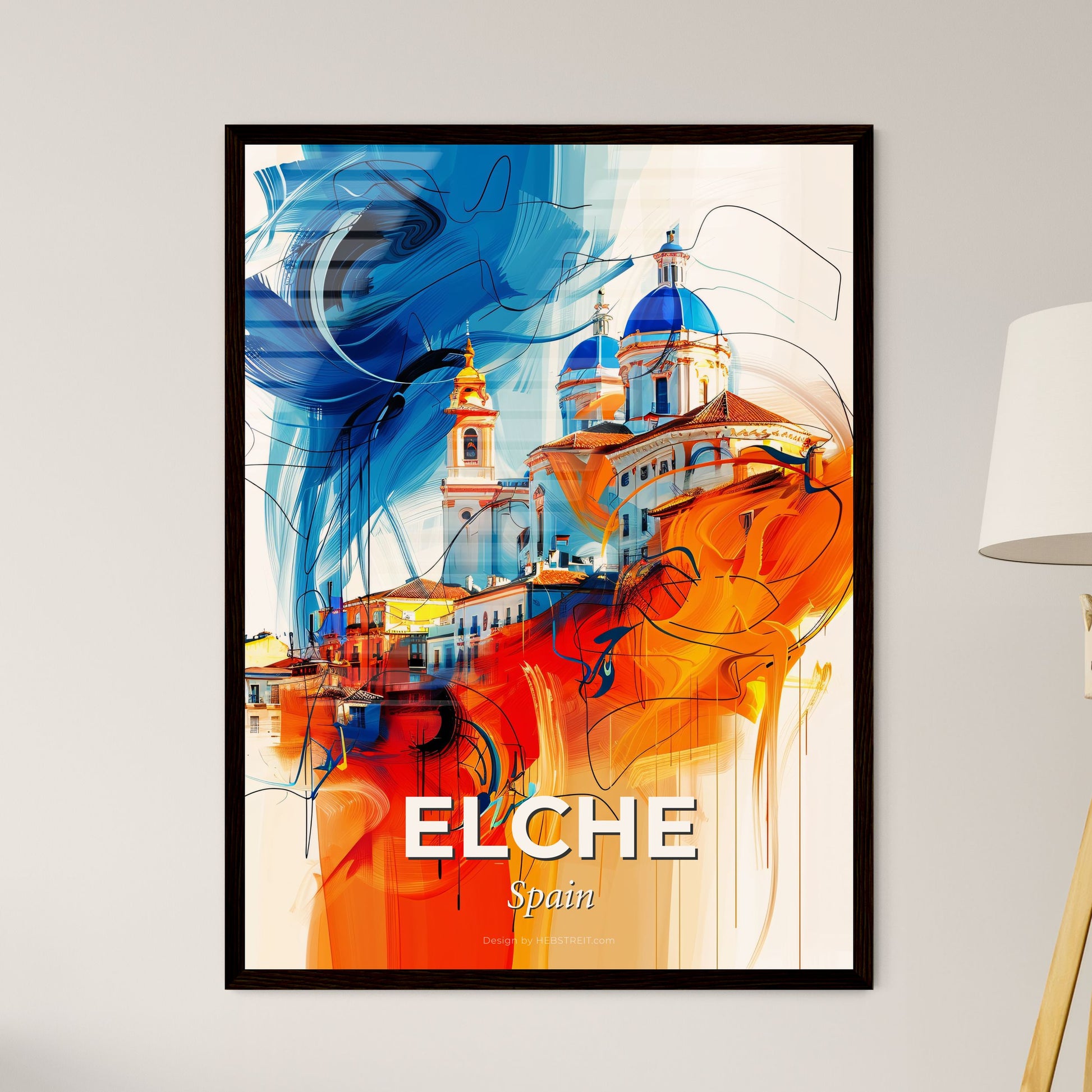 Vibrant Elche, Spain - A Painting Of A Building With Blue And Orange Colors