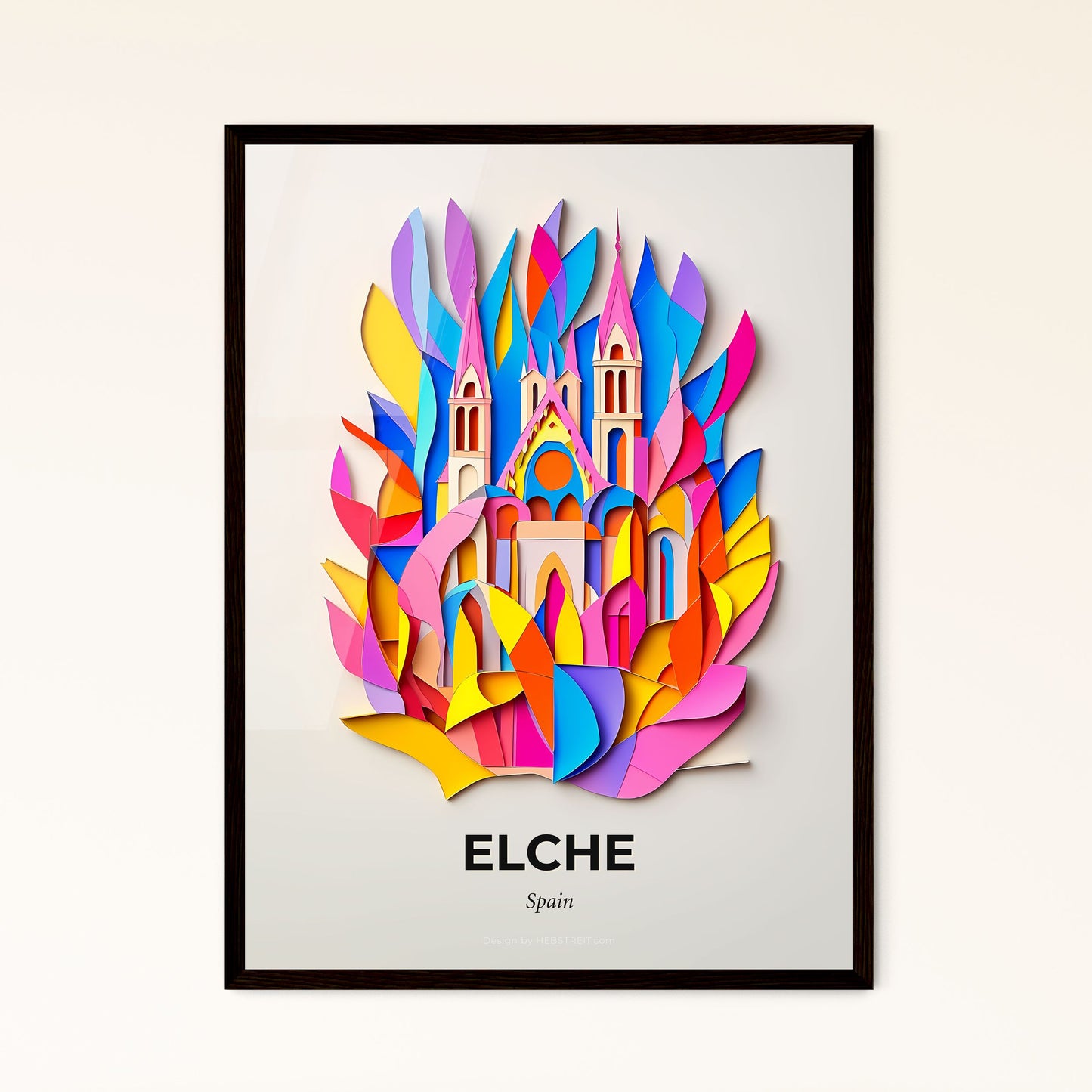 Vivid Elche, Spain - a colorful paper cut of a church surrounded by leaves