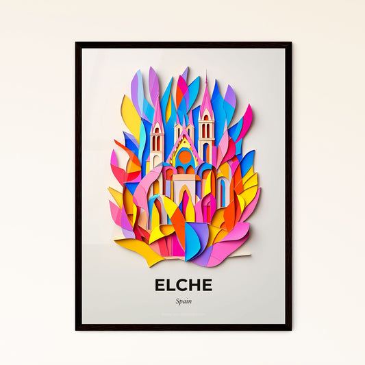 Vivid Elche, Spain - a colorful paper cut of a church surrounded by leaves