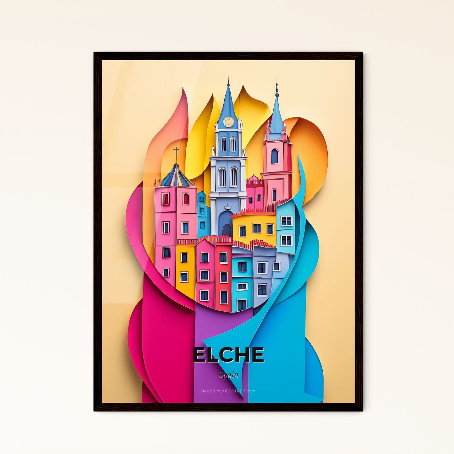 Vivid Elche, Spain - a colorful city with a clock tower on top of it