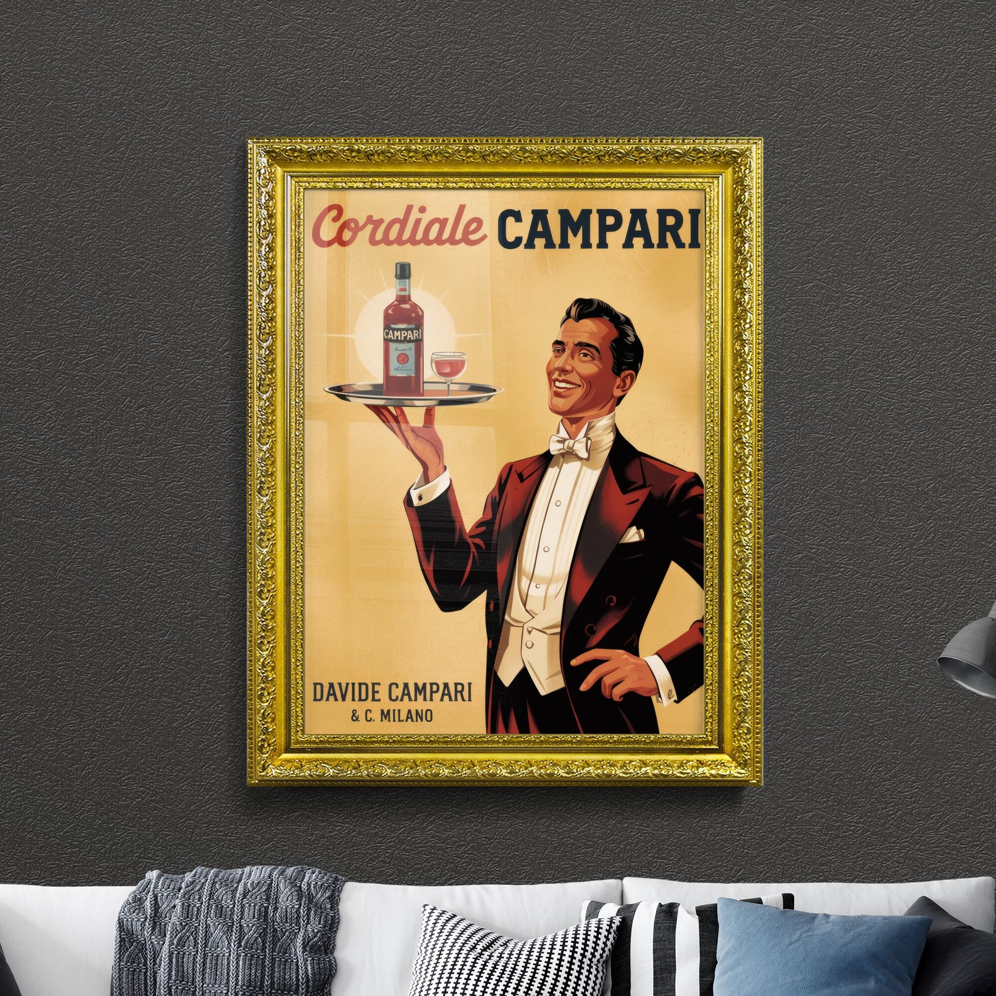 Elegant Bartender Serving Campari in Classic Vintage Style with Joyful Presentation and Sophisticated Atmosphere.