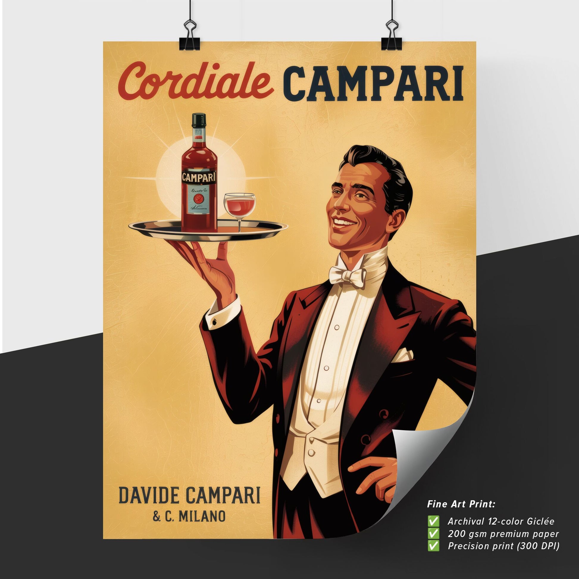 Elegant Bartender Serving Campari in Classic Vintage Style with Joyful Presentation and Sophisticated Atmosphere.
