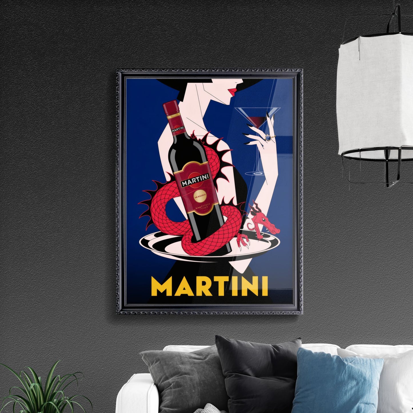 Elegant Cocktail Illustration Featuring Martini Bottle and Dragon Motif Against a Vibrant Background.