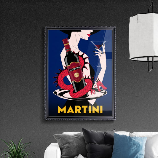 Elegant Cocktail Illustration Featuring Martini Bottle and Dragon Motif Against a Vibrant Background.