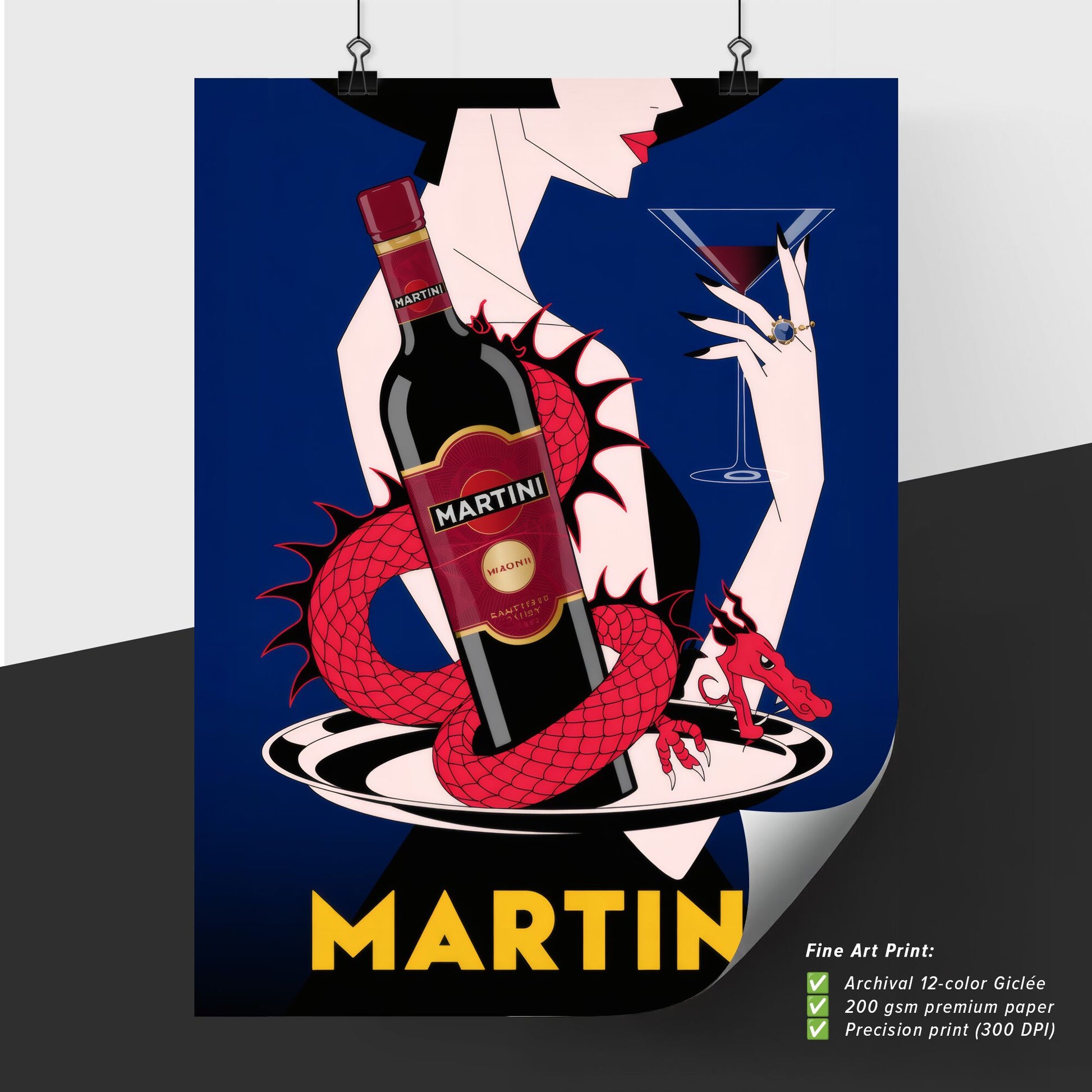 Elegant Cocktail Illustration Featuring Martini Bottle and Dragon Motif Against a Vibrant Background.