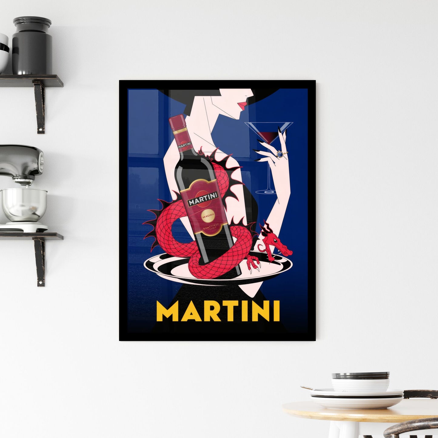 Elegant Cocktail Illustration Featuring Martini Bottle and Dragon Motif Against a Vibrant Background. Framed Print