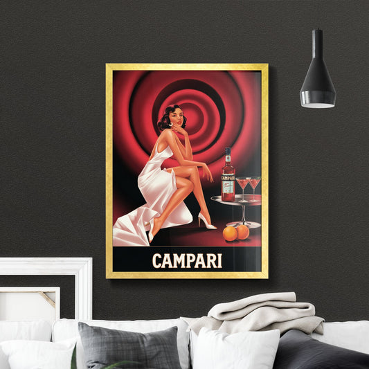 Elegant Cocktail Scene Featuring Campari, Glamorous Woman in White Dress, and Sophisticated Martini Presentation.