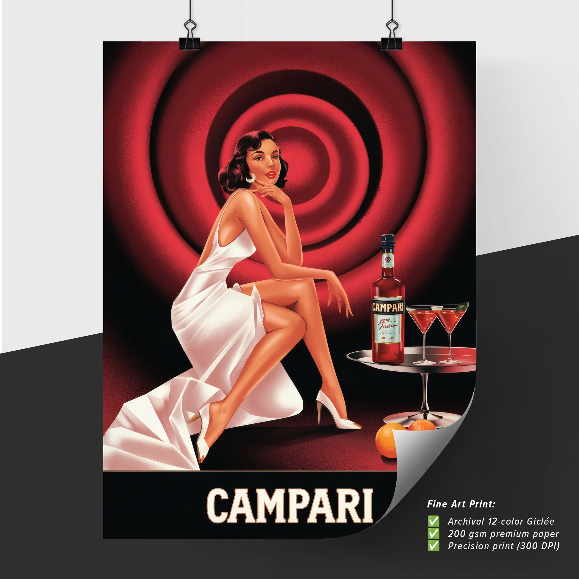 Elegant Cocktail Scene Featuring Campari, Glamorous Woman in White Dress, and Sophisticated Martini Presentation.