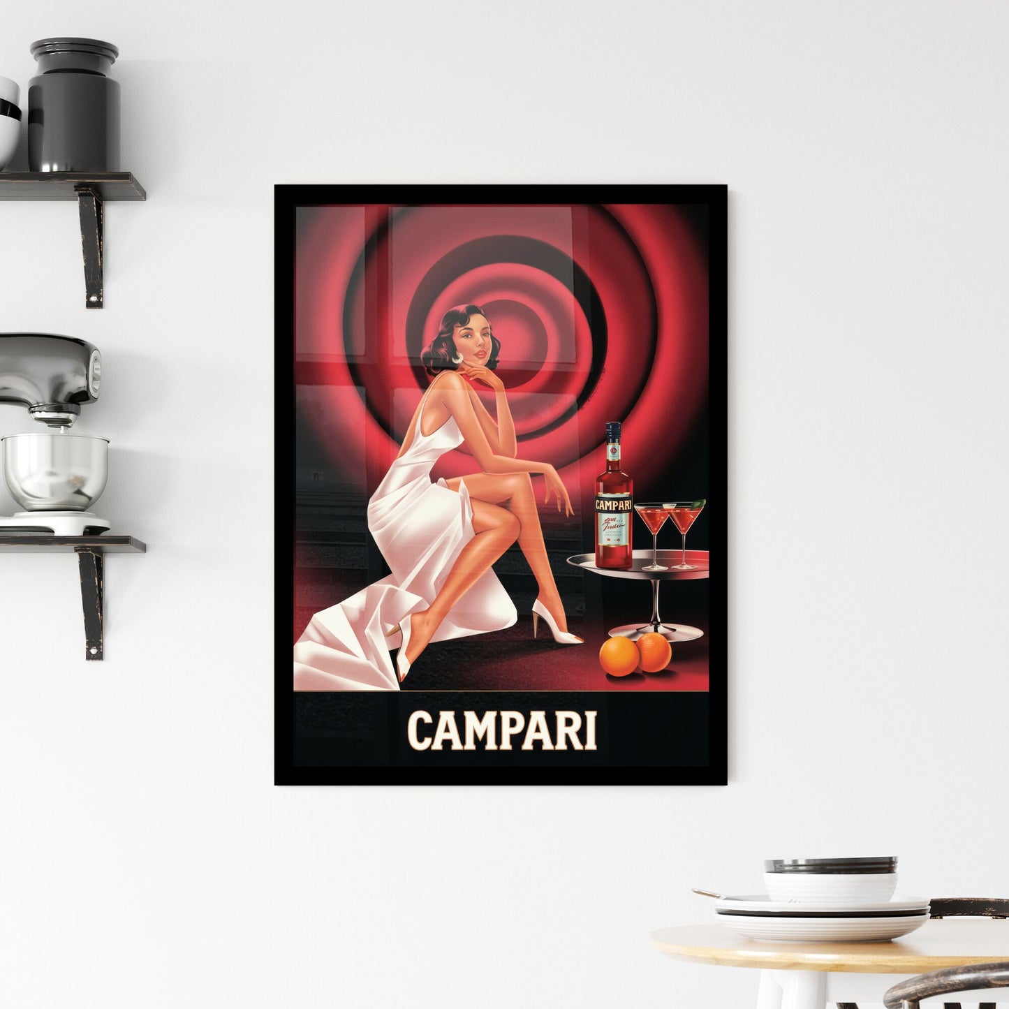 Elegant Cocktail Scene Featuring Campari, Glamorous Woman in White Dress, and Sophisticated Martini Presentation. Framed Print