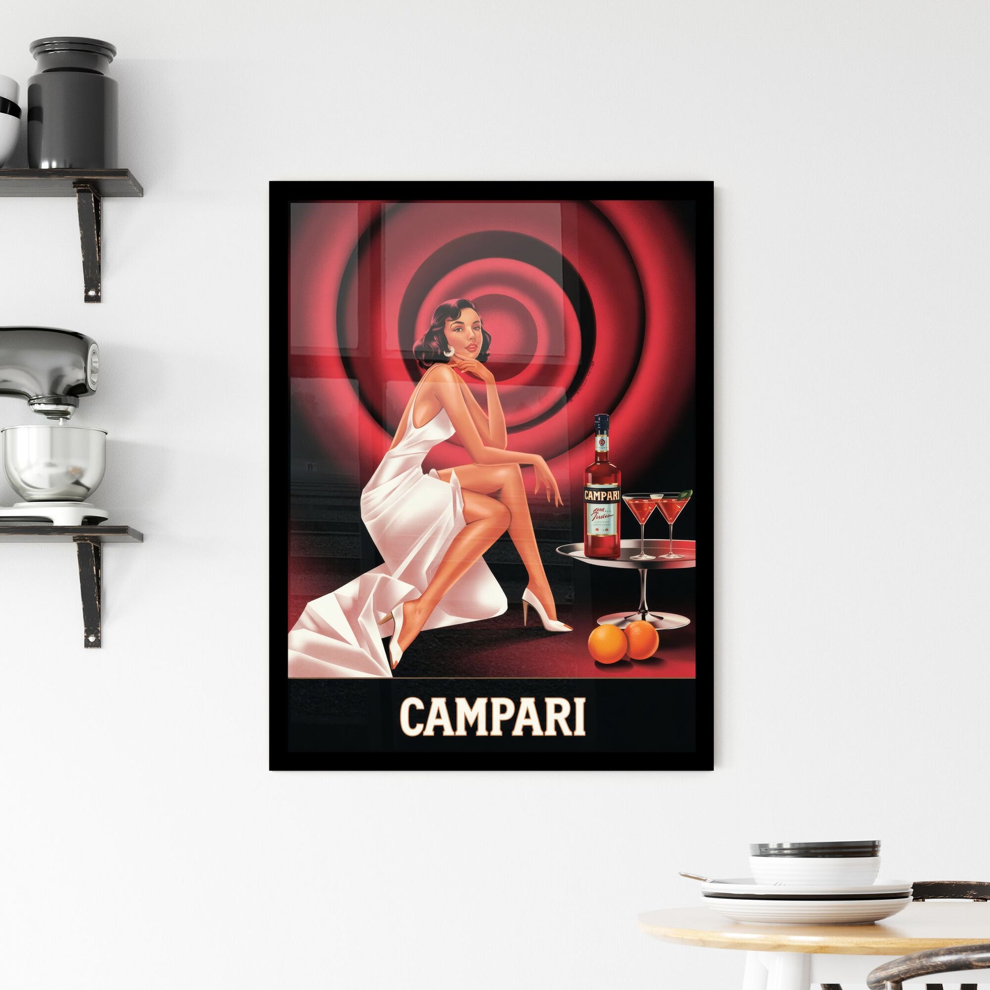 Elegant Cocktail Scene Featuring Campari, Glamorous Woman in White Dress, and Sophisticated Martini Presentation. Framed Print