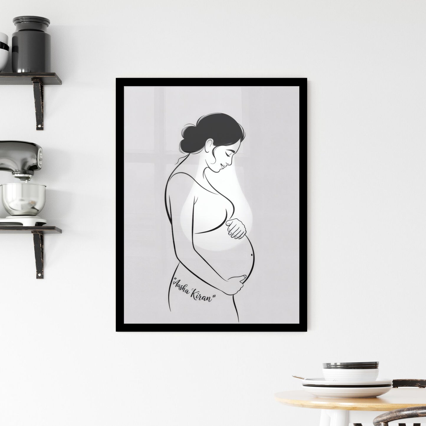 Elegant Expectation: Artistic Representation of a Pregnant Woman Embracing Motherhood with Grace and Serenity. Framed Print