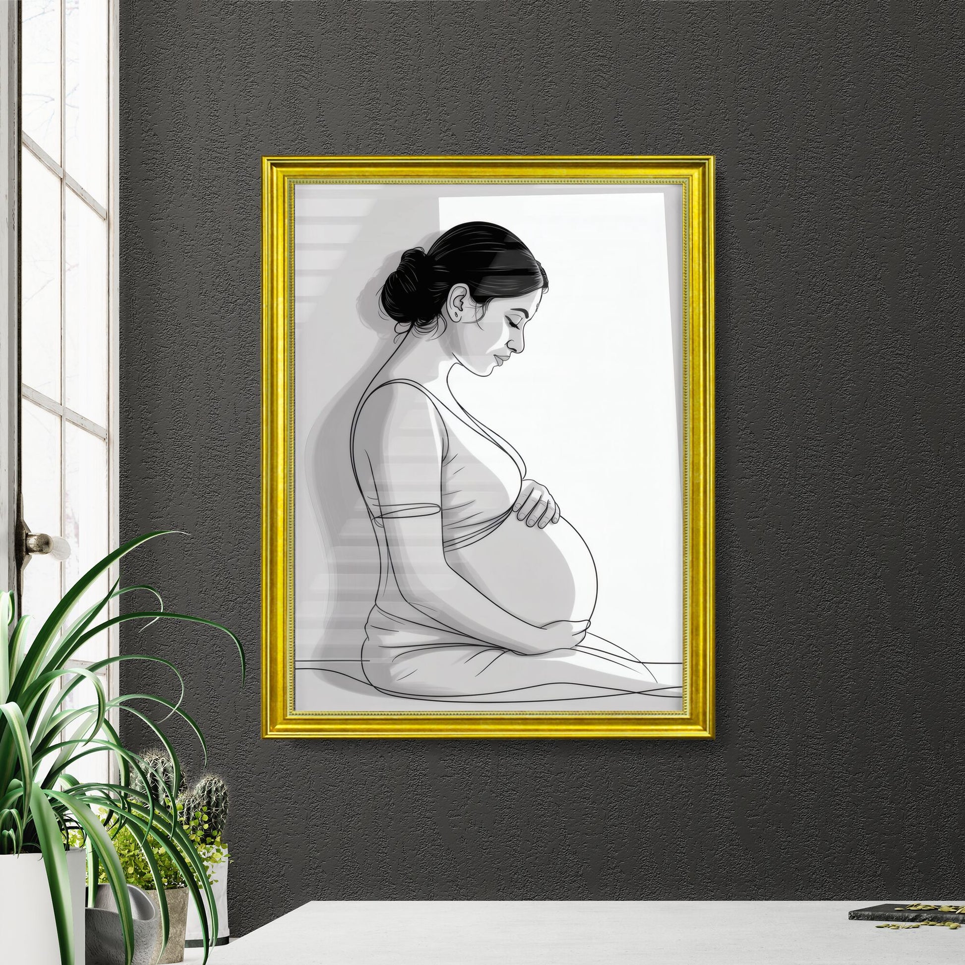 Elegant Expecting Mother Embracing Her Baby Bump in Soft Natural Light