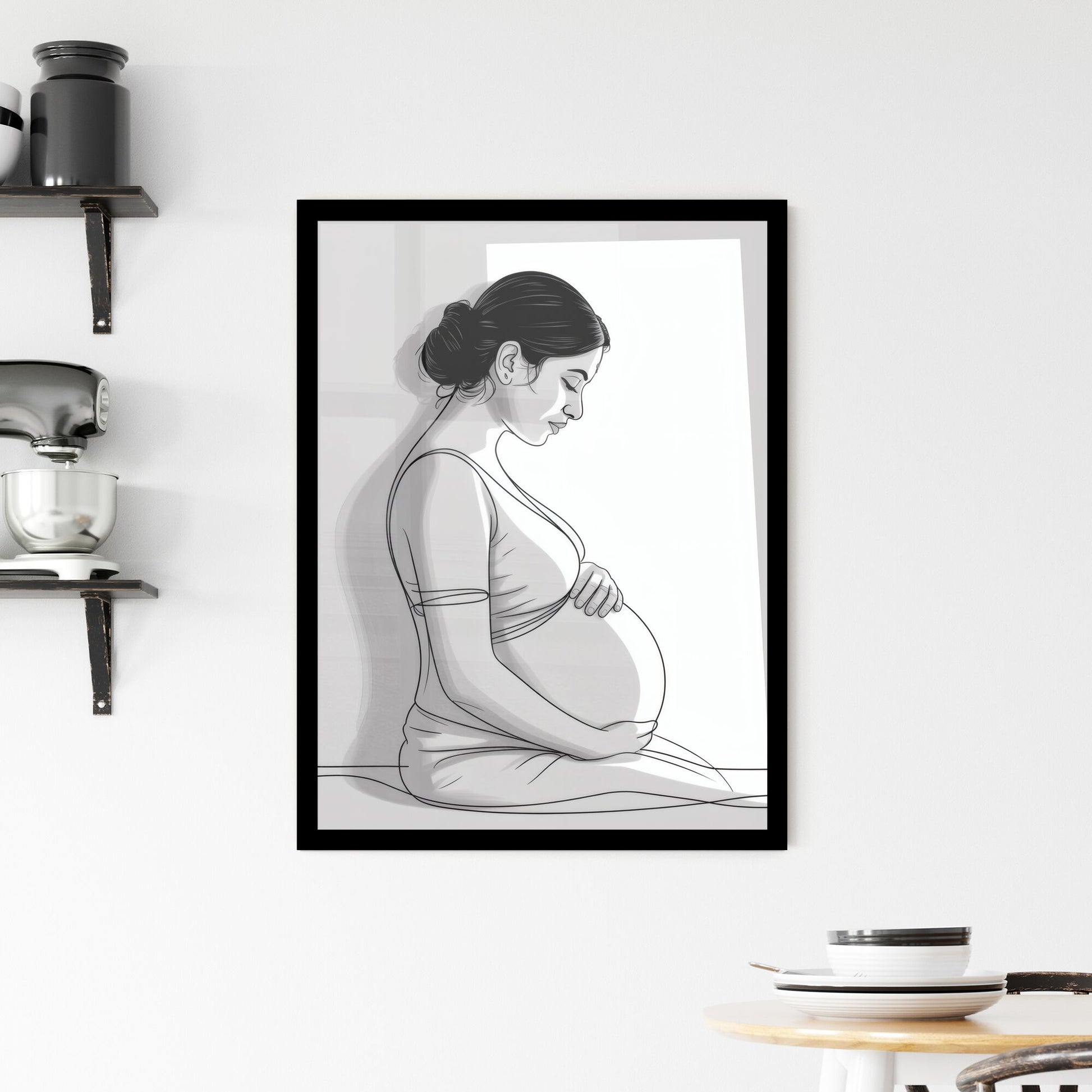 Elegant Expecting Mother Embracing Her Baby Bump in Soft Natural Light Framed Print
