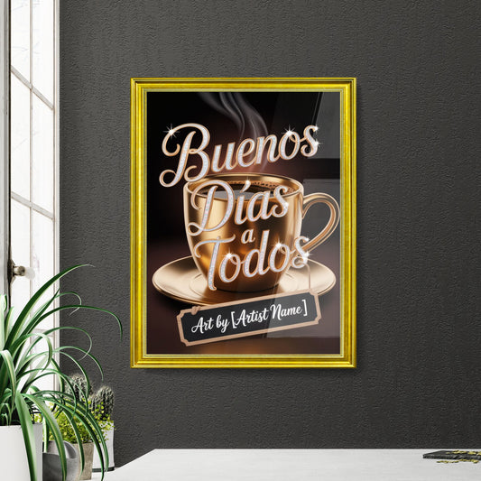 Elegant Golden Coffee Cup Design with Sparkling 'Buenos Días a Todos' Greeting for Morning Inspiration