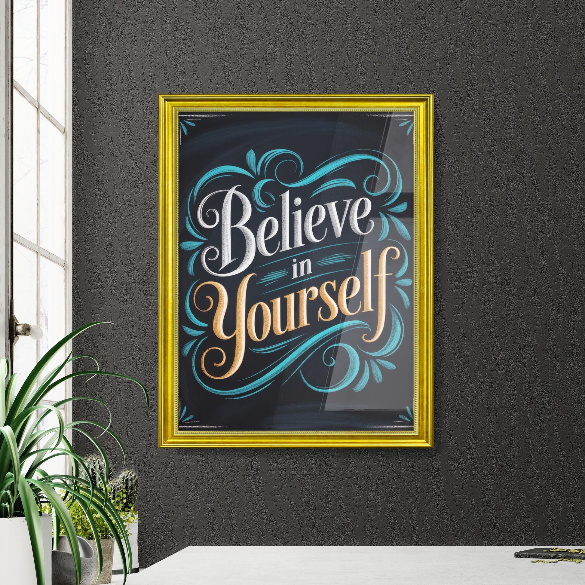 Elegant Handlettered Motivational Quote: Believe in Yourself Against a Dark Background