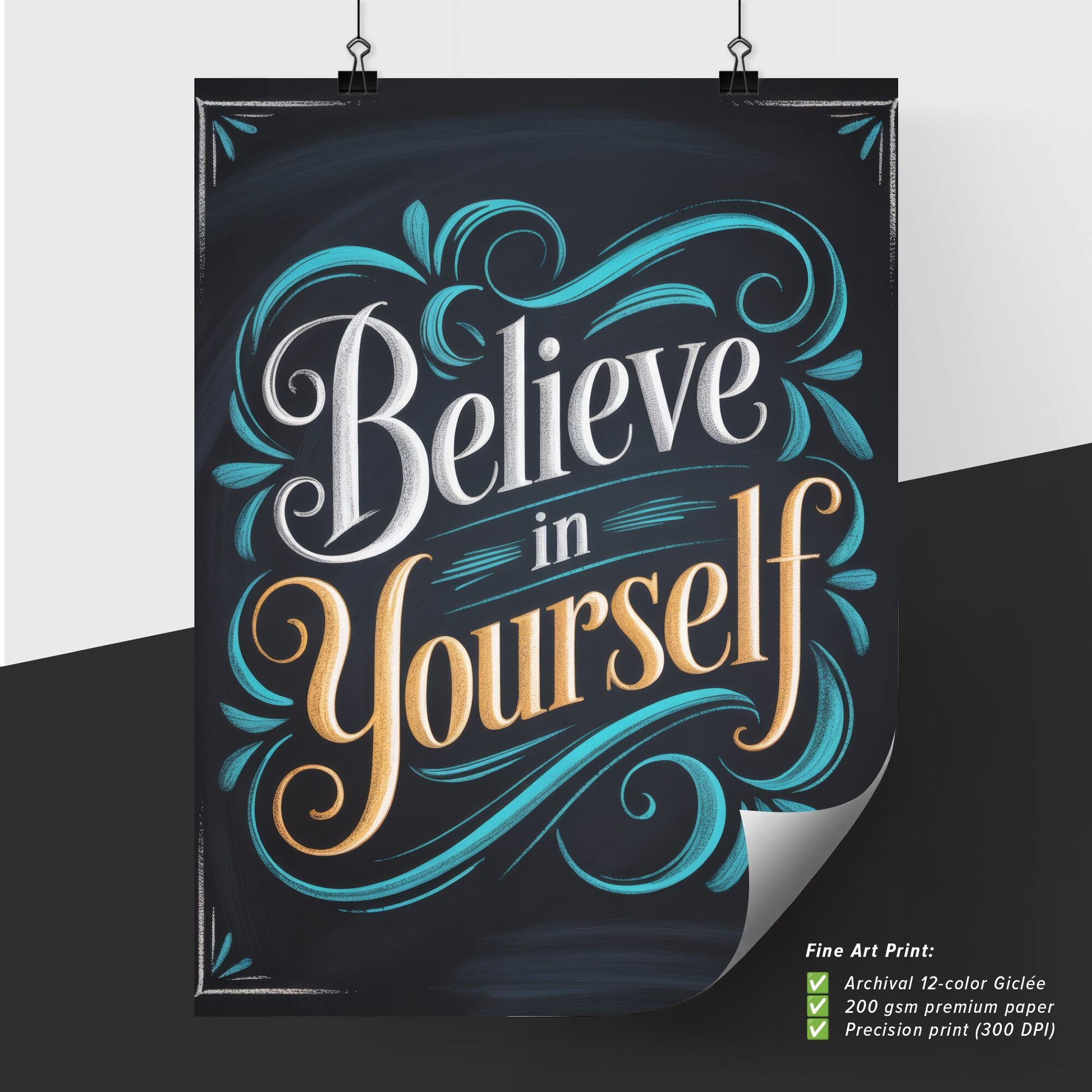 Elegant Handlettered Motivational Quote: Believe in Yourself Against a Dark Background