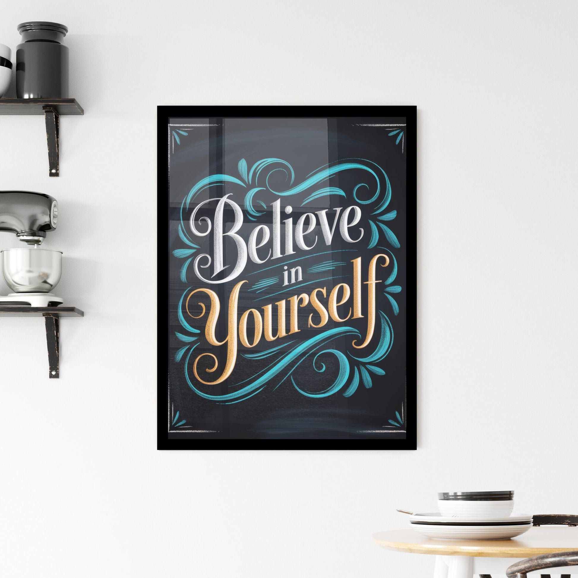 Elegant Handlettered Motivational Quote: Believe in Yourself Against a Dark Background Framed Print