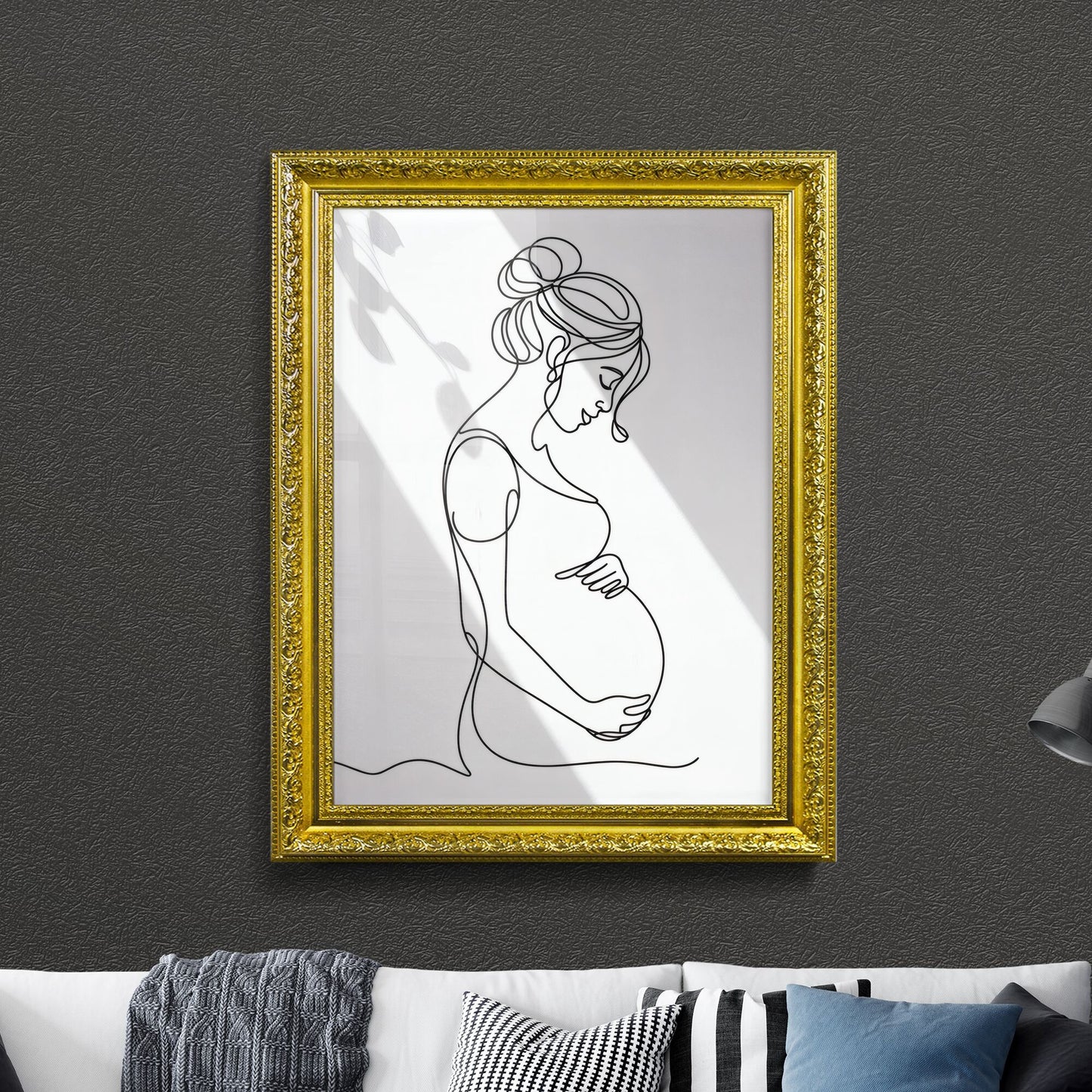 Elegant Line Art of a Pregnant Woman Embracing Motherhood in Soft Light