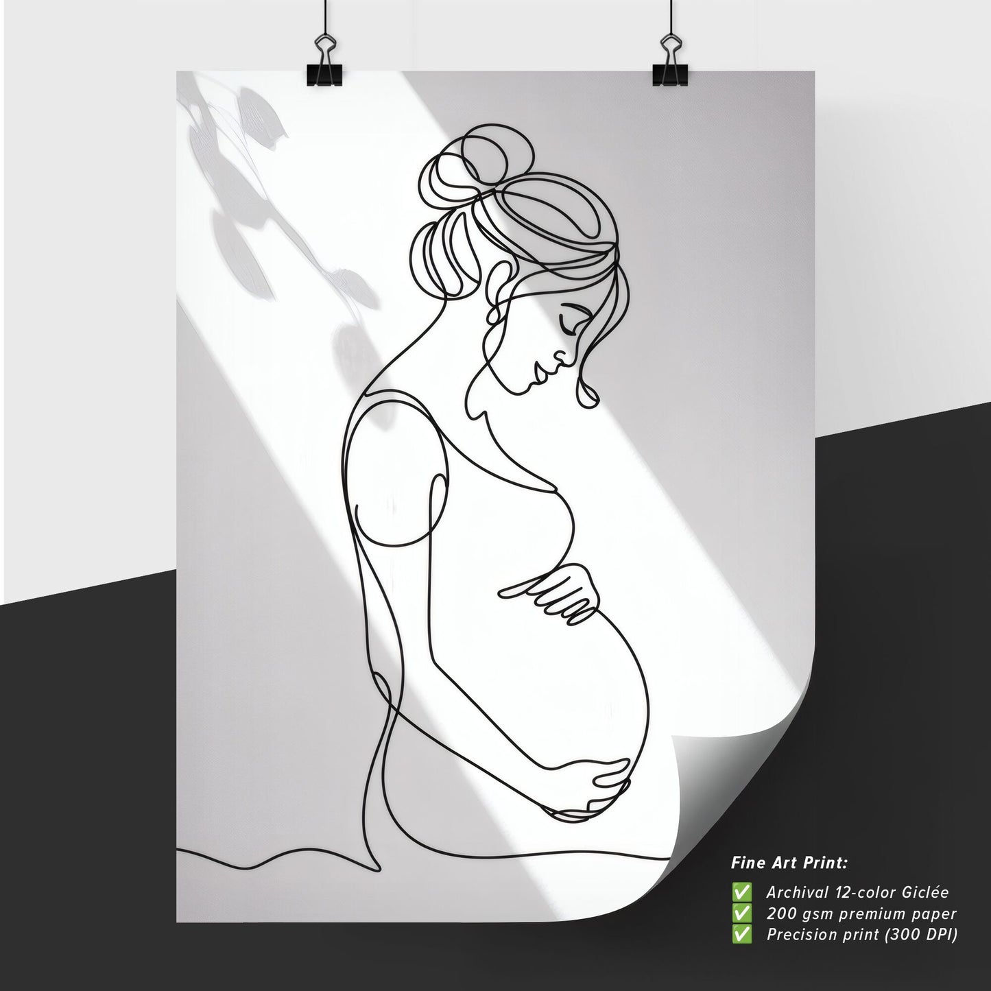 Elegant Line Art of a Pregnant Woman Embracing Motherhood in Soft Light