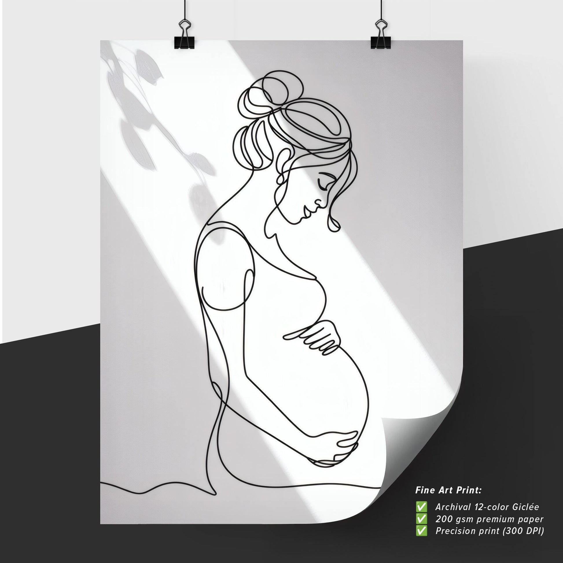 Elegant Line Art of a Pregnant Woman Embracing Motherhood in Soft Light