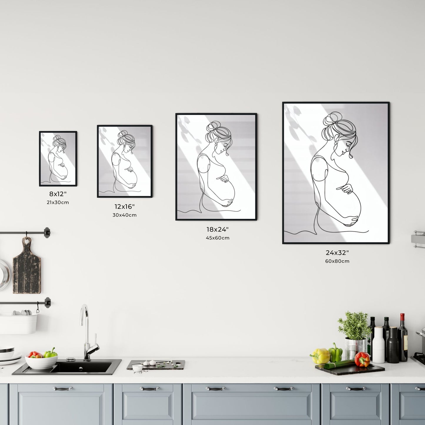 Elegant Line Art of a Pregnant Woman Embracing Motherhood in Soft Light Chart