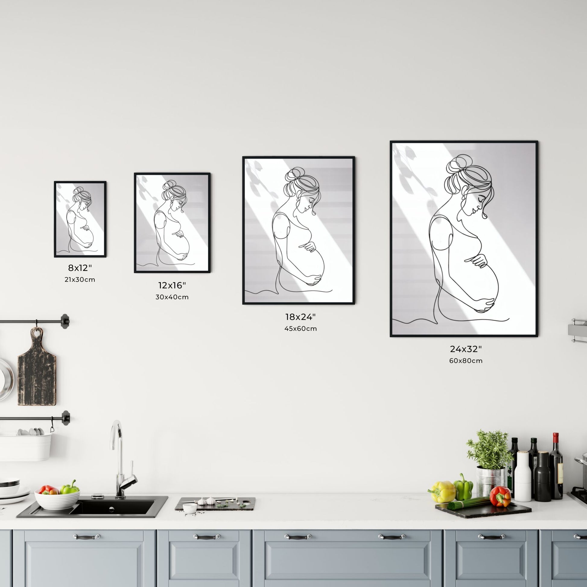 Elegant Line Art of a Pregnant Woman Embracing Motherhood in Soft Light Chart