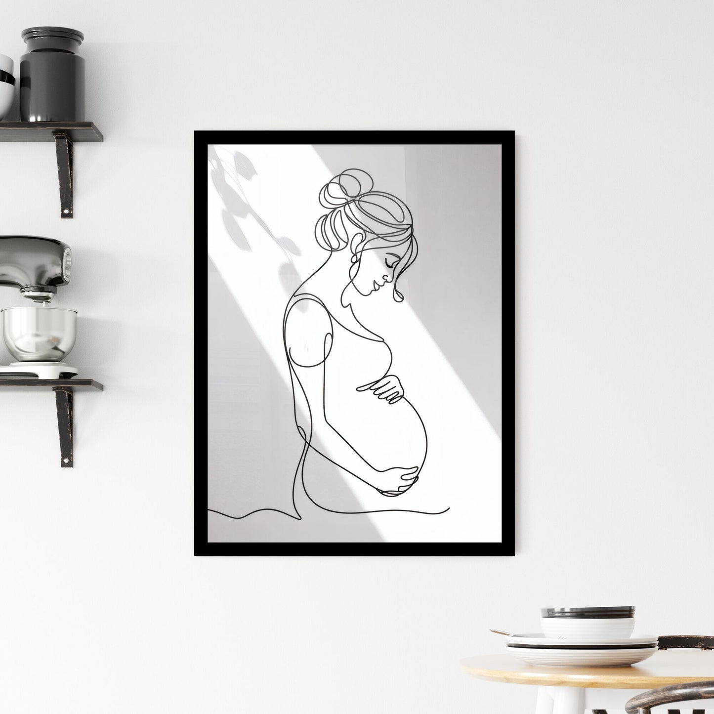Elegant Line Art of a Pregnant Woman Embracing Motherhood in Soft Light Framed Print