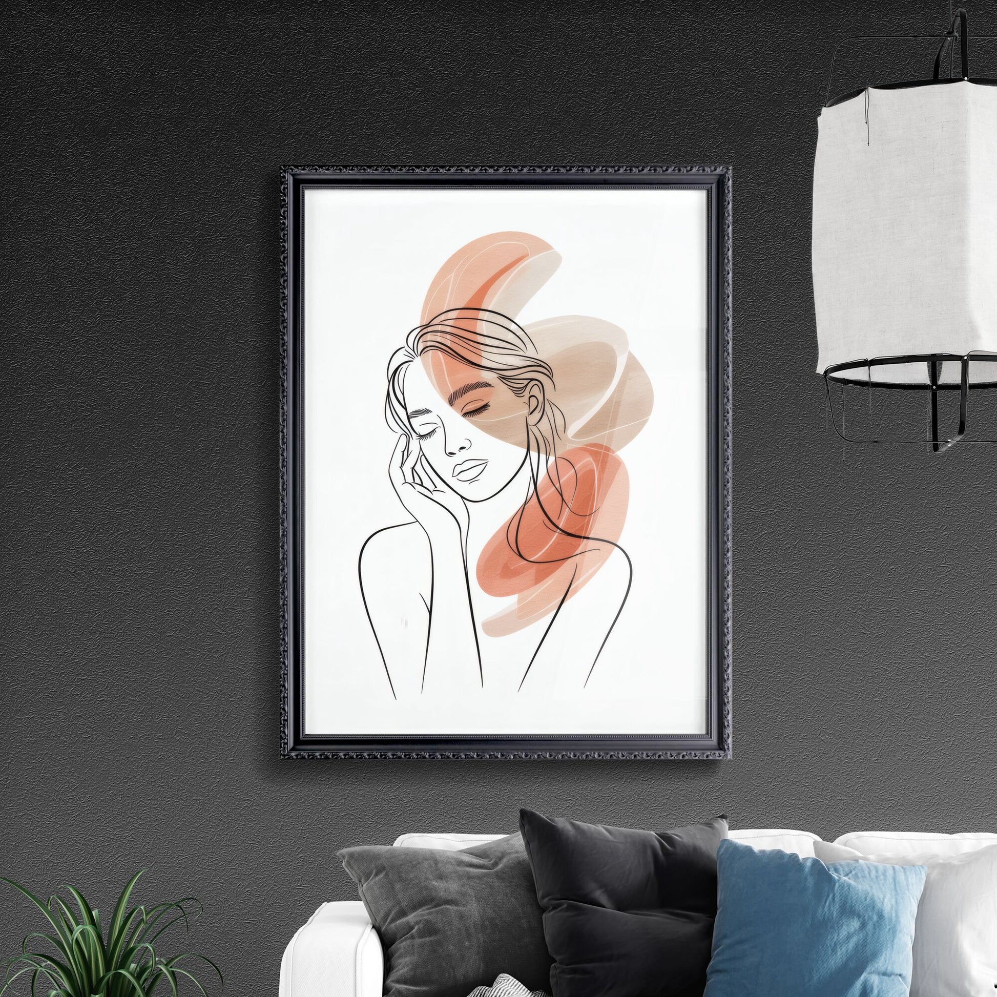Elegant Line Art Portrait of a Serene Woman with Abstract Color Accents for Modern Aesthetic Designs.