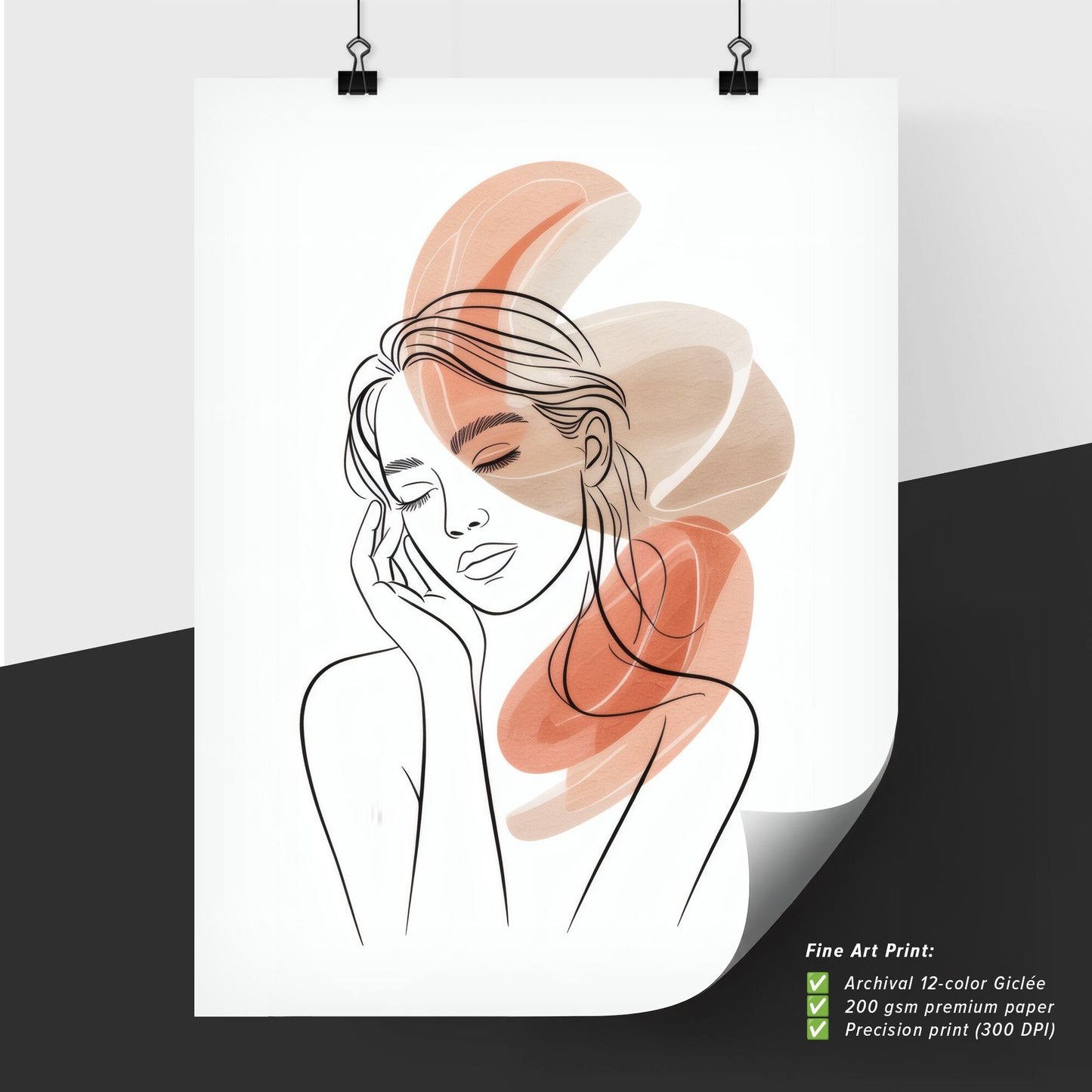 Elegant Line Art Portrait of a Serene Woman with Abstract Color Accents for Modern Aesthetic Designs.