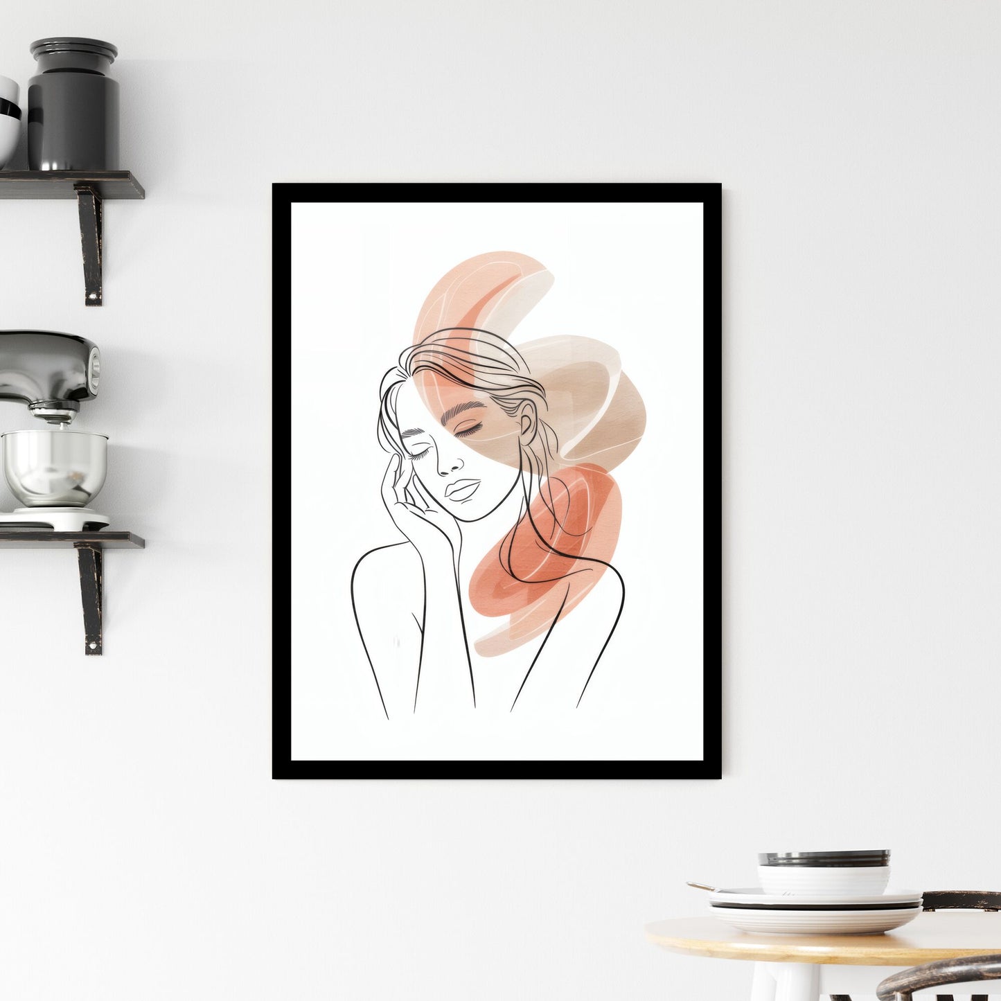 Elegant Line Art Portrait of a Serene Woman with Abstract Color Accents for Modern Aesthetic Designs. Framed Print