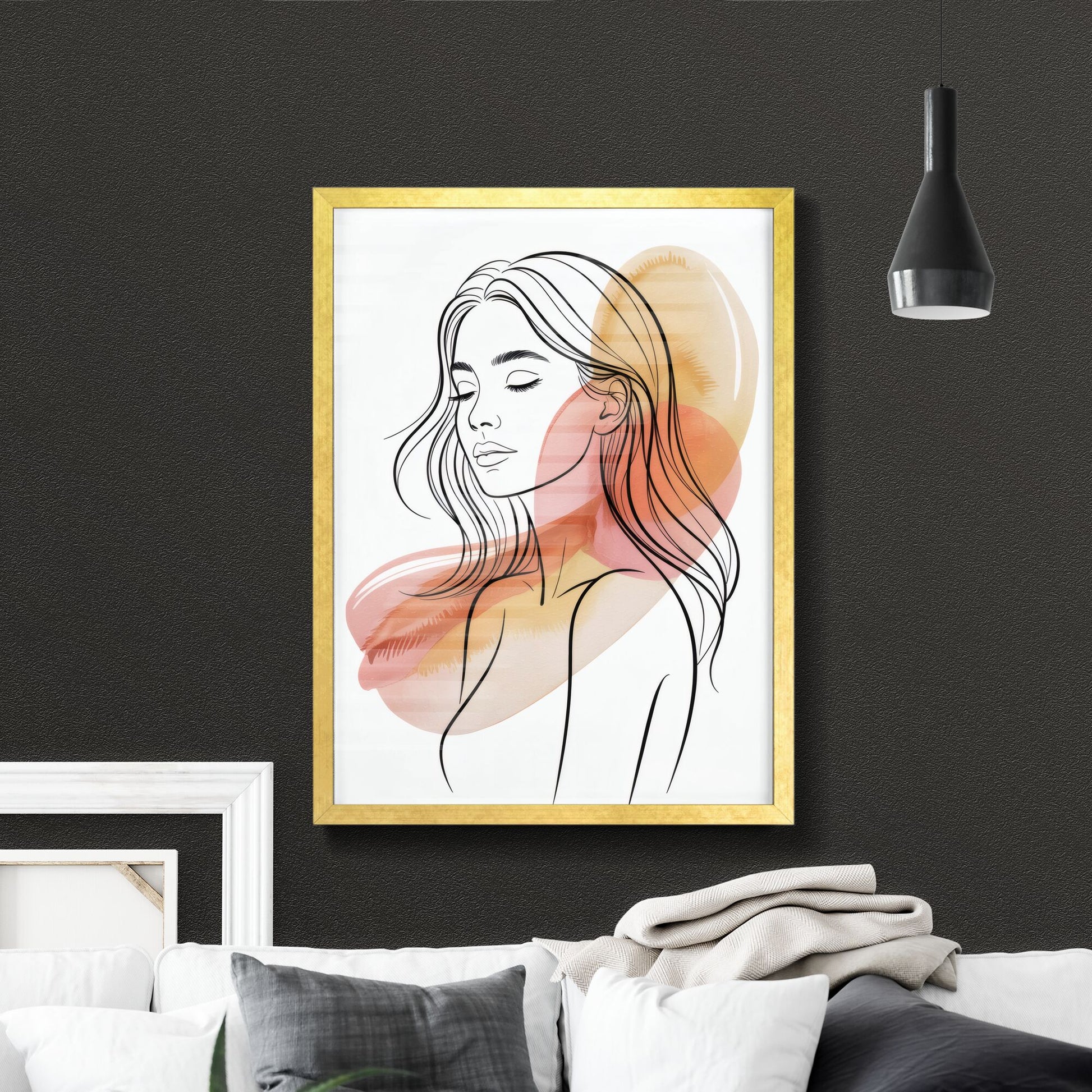 Elegant Line Art Portrait of a Serene Woman with Soft Watercolor Background