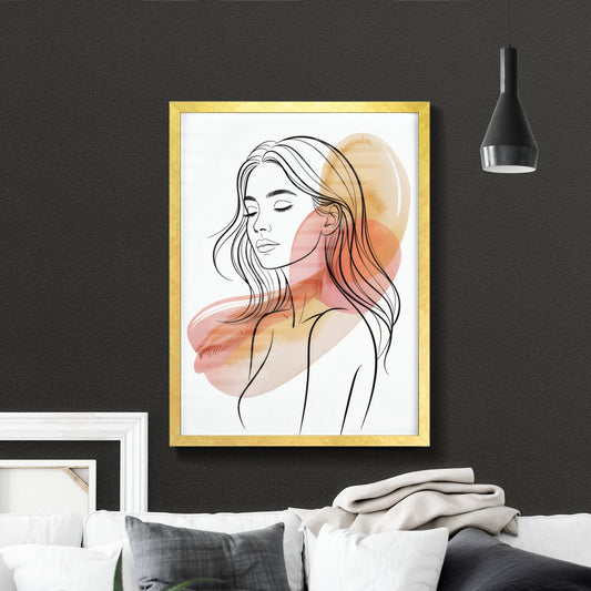 Elegant Line Art Portrait of a Serene Woman with Soft Watercolor Background