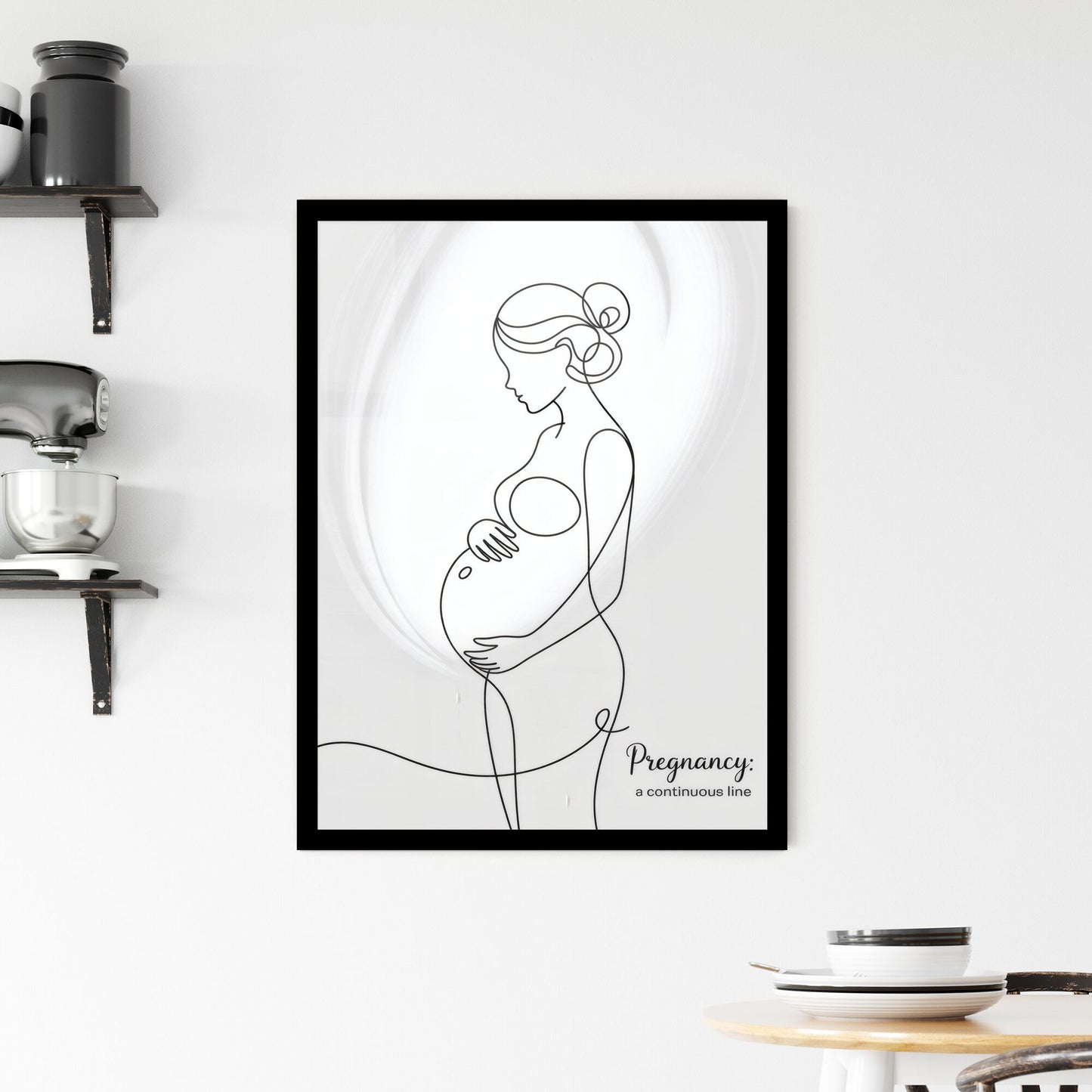 Elegant Continuous Line Artwork Depicting Pregnancy and Maternal Connection in Minimalist Style. Framed Print