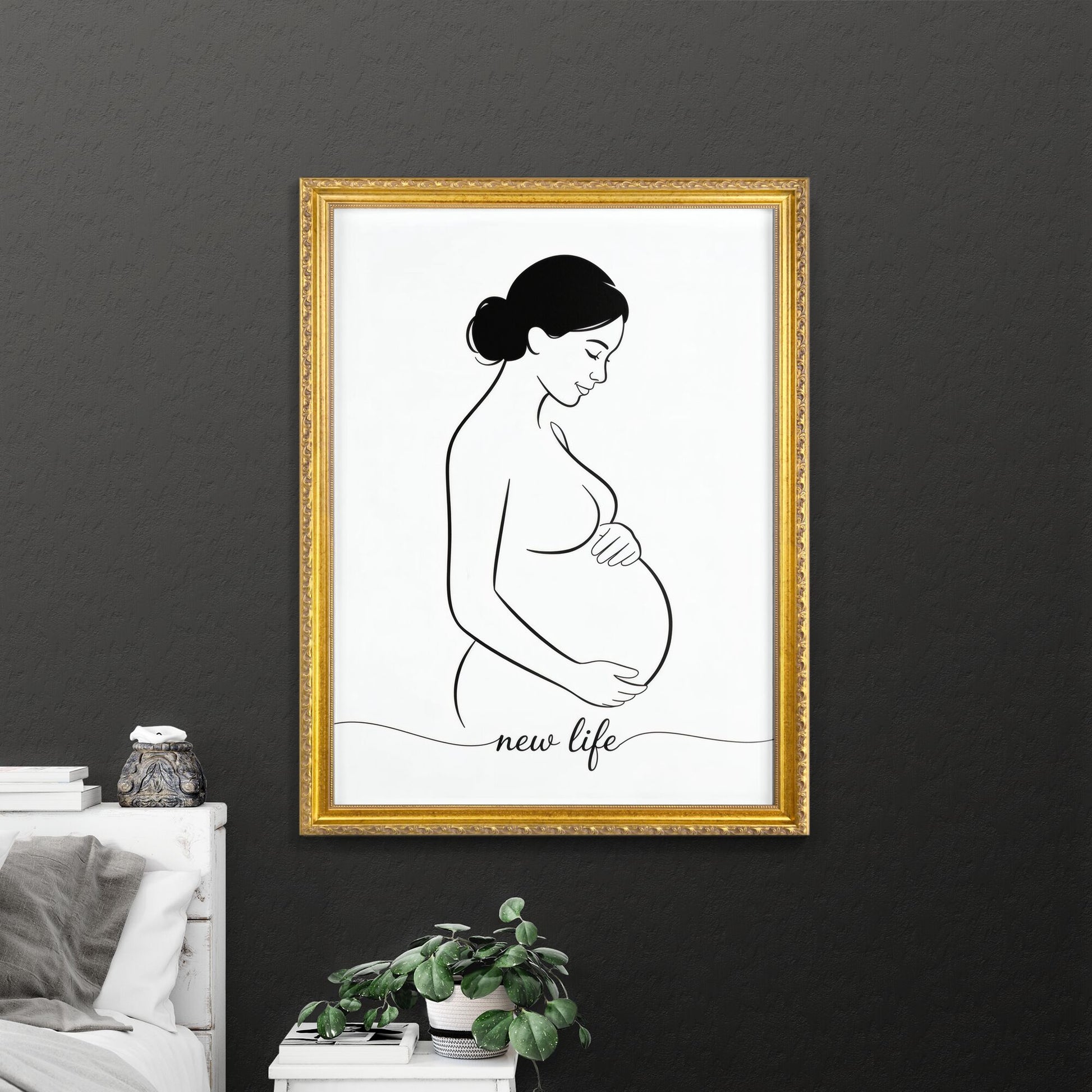 Elegant Line Art of a Pregnant Woman Embracing New Life and Motherhood