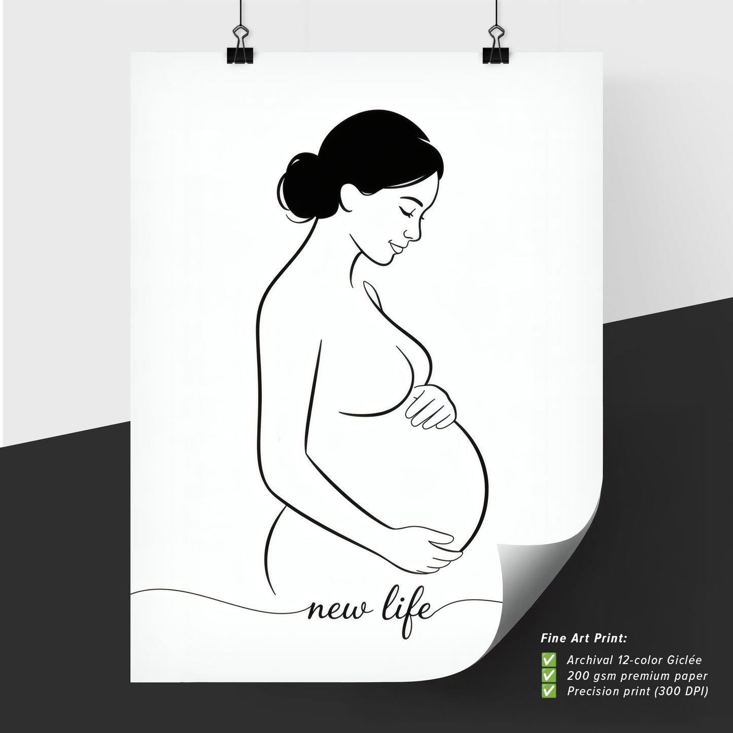 Elegant Line Art of a Pregnant Woman Embracing New Life and Motherhood