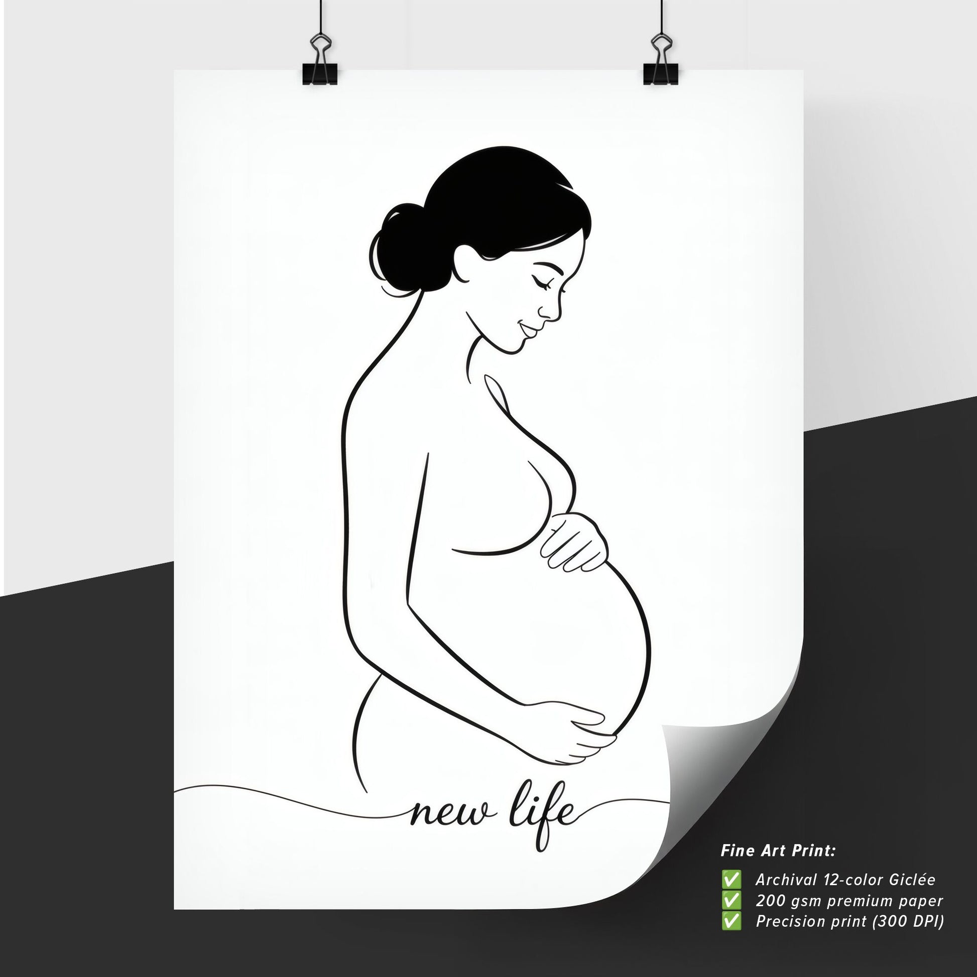 Elegant Line Art of a Pregnant Woman Embracing New Life and Motherhood