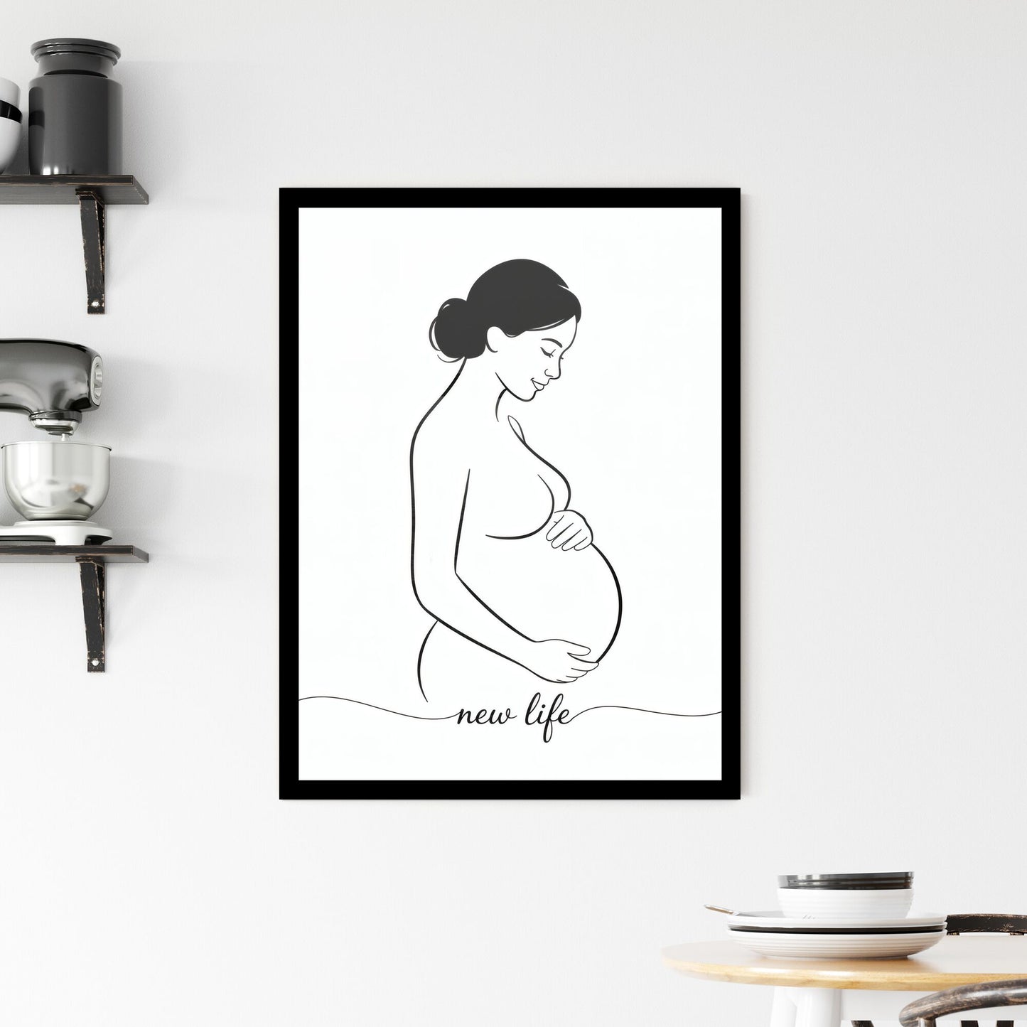 Elegant Line Art of a Pregnant Woman Embracing New Life and Motherhood Framed Print