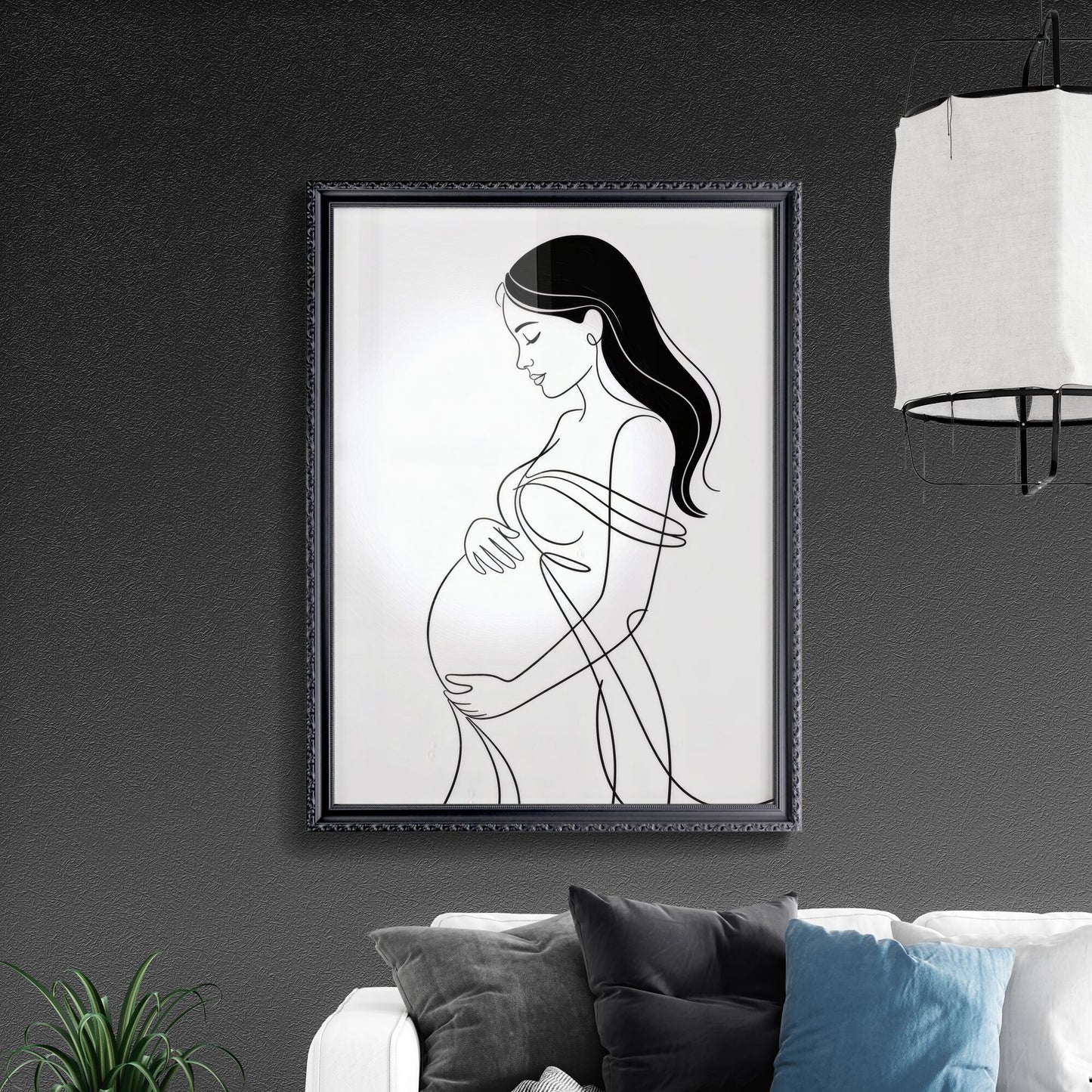 Elegant Line Art of a Pregnant Woman Embracing Her Baby Bump in a Minimalist Style.