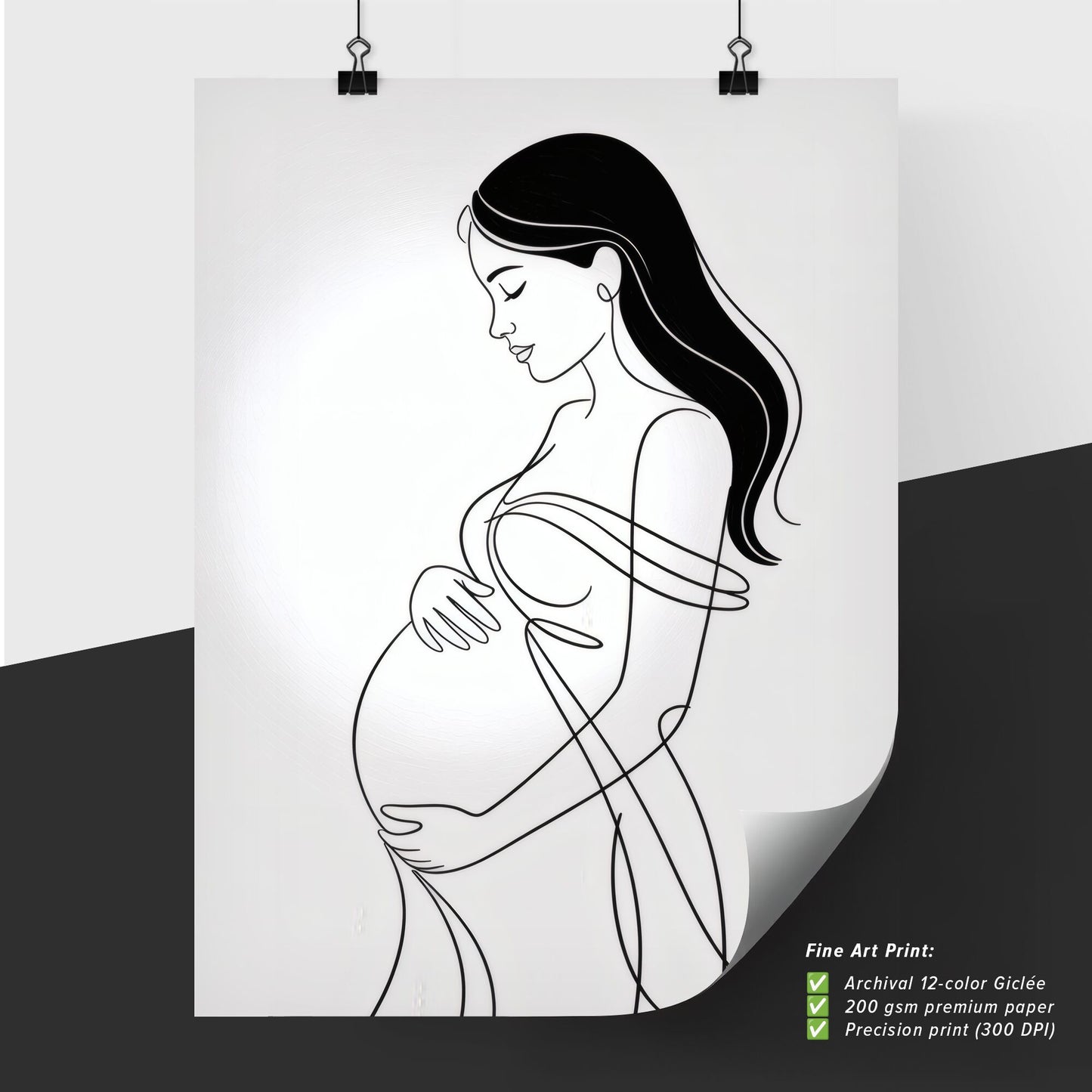 Elegant Line Art of a Pregnant Woman Embracing Her Baby Bump in a Minimalist Style.