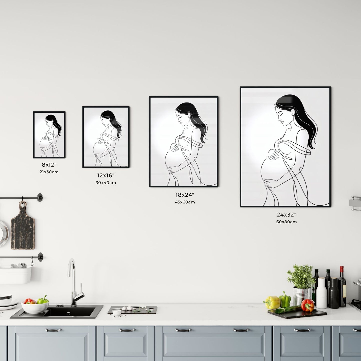 Elegant Line Art of a Pregnant Woman Embracing Her Baby Bump in a Minimalist Style. Chart