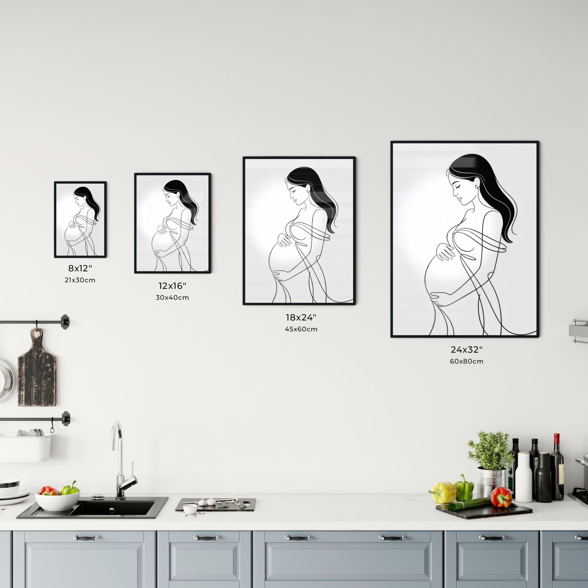 Elegant Line Art of a Pregnant Woman Embracing Her Baby Bump in a Minimalist Style. Chart