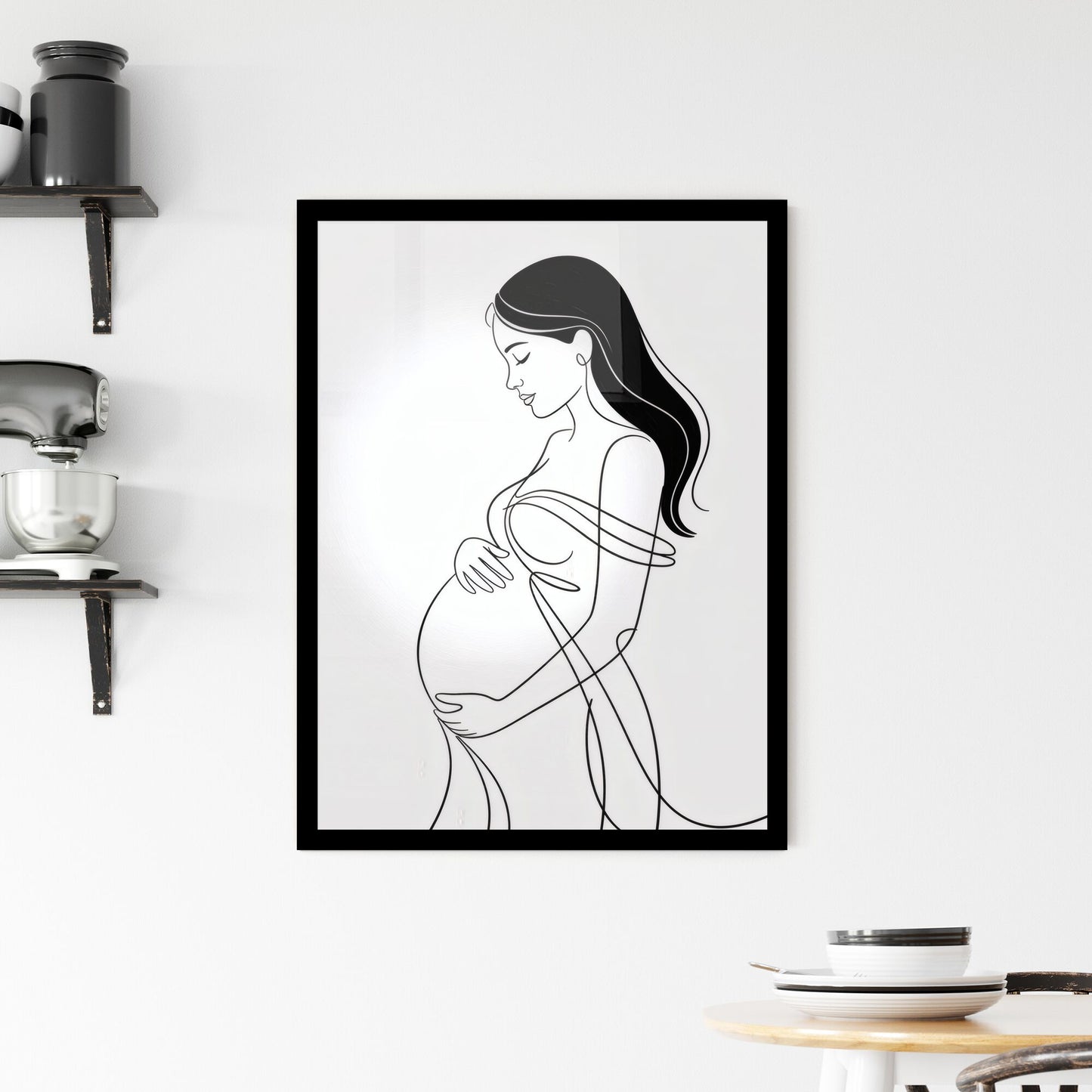 Elegant Line Art of a Pregnant Woman Embracing Her Baby Bump in a Minimalist Style. Framed Print